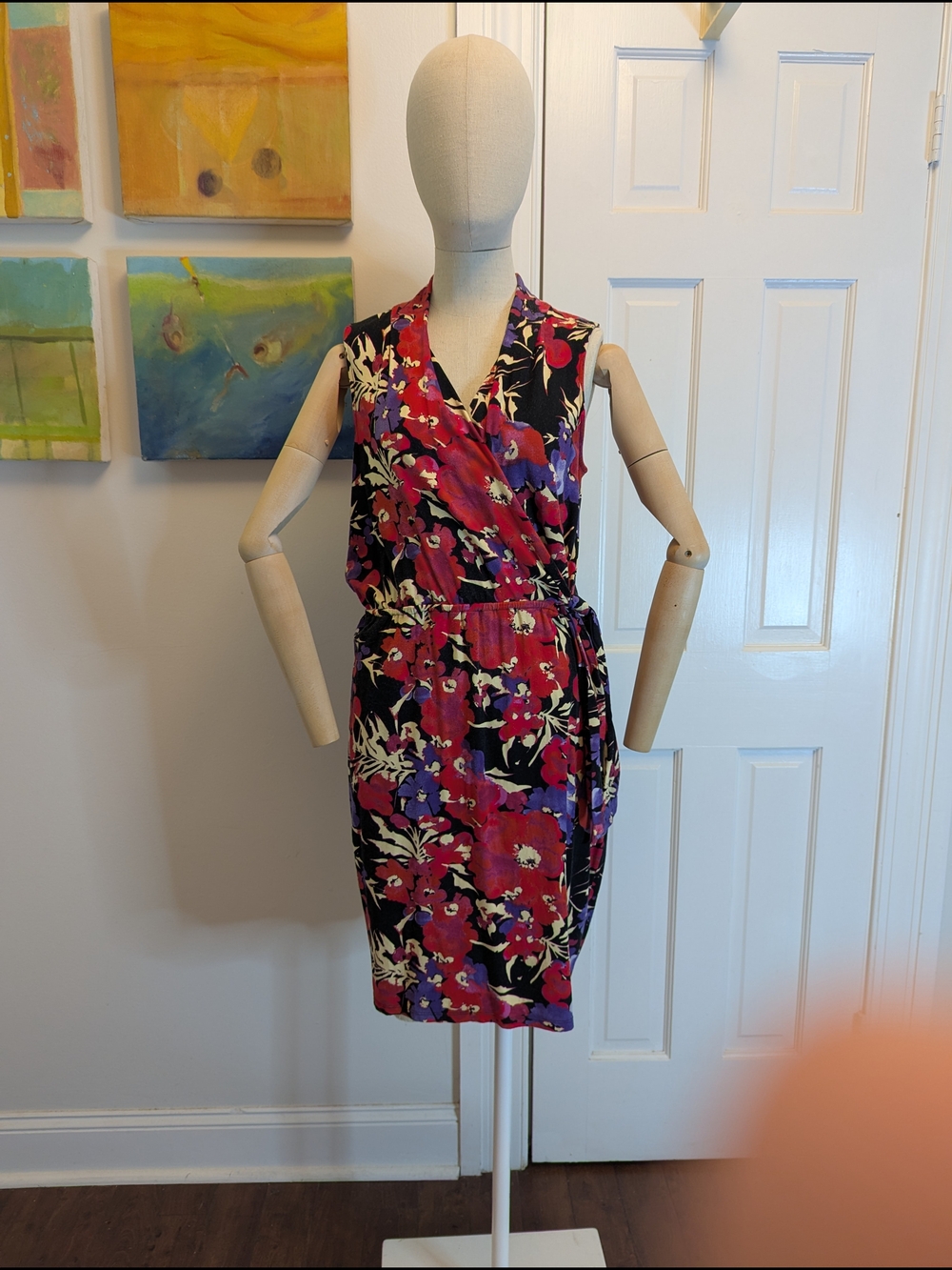 Anne Klein Floral Sleeveless Faux Wrap Dress in Red, Purple, Black
